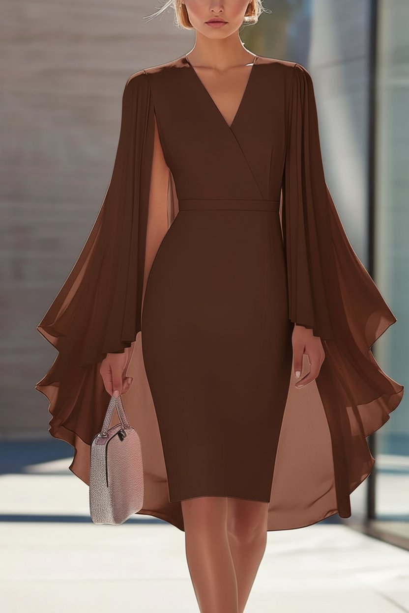 Sheath/Column V-Neck Chiffon Mother of the Bride Dresses Knee-Length Cape Sleeves Cocktail Dress