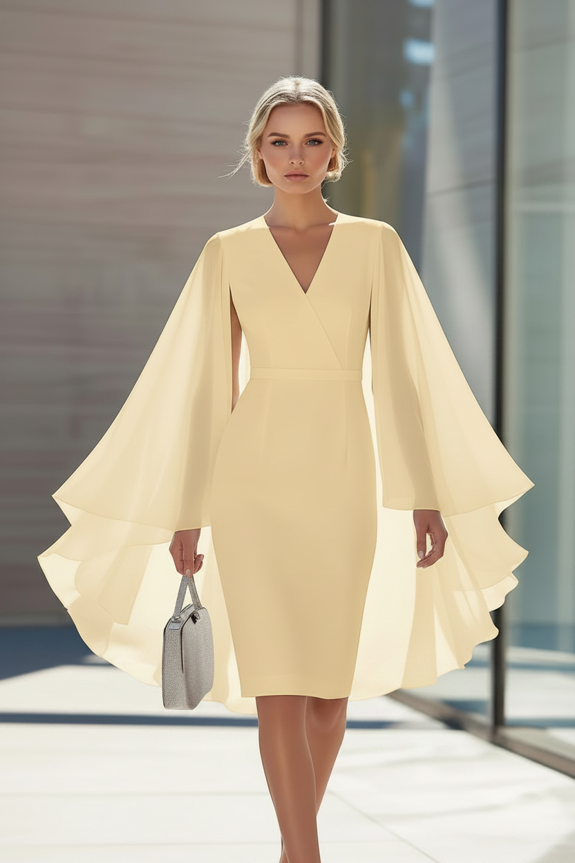 Sheath/Column V-Neck Chiffon Mother of the Bride Dresses Knee-Length Cape Sleeves Cocktail Dress