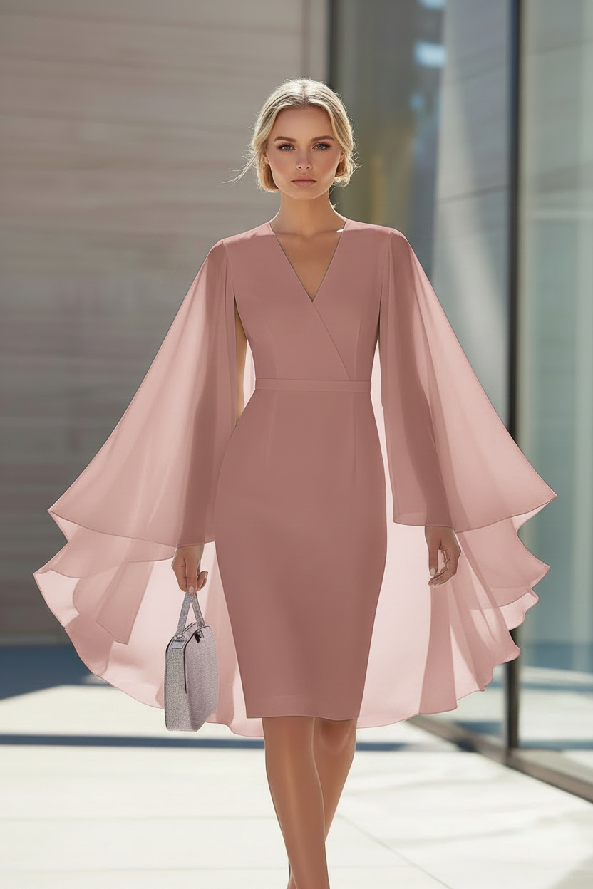 Sheath/Column V-Neck Chiffon Mother of the Bride Dresses Knee-Length Cape Sleeves Cocktail Dress