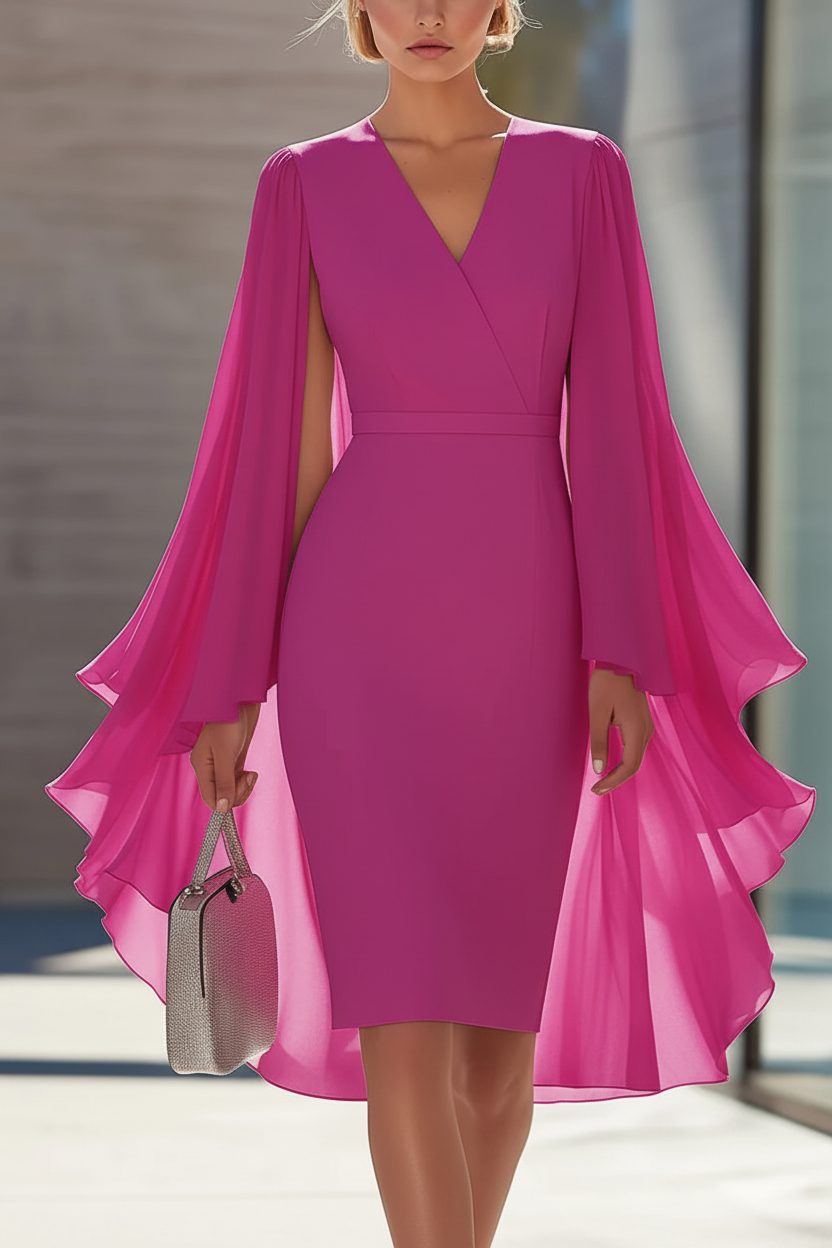 Sheath/Column V-Neck Chiffon Mother of the Bride Dresses Knee-Length Cape Sleeves Cocktail Dress