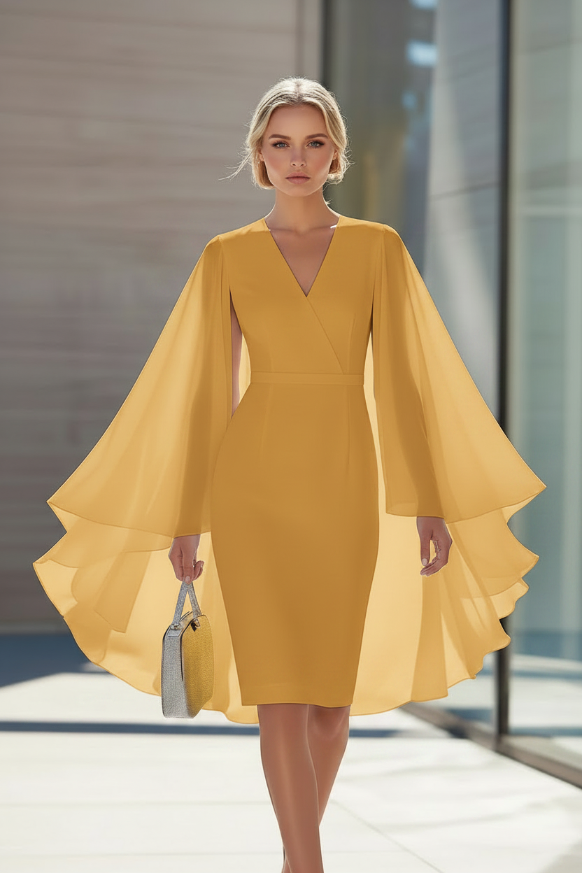 Sheath/Column V-Neck Chiffon Mother of the Bride Dresses Knee-Length Cape Sleeves Cocktail Dress