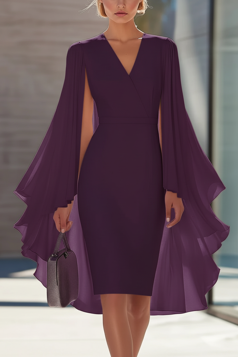 Sheath/Column V-Neck Chiffon Mother of the Bride Dresses Knee-Length Cape Sleeves Cocktail Dress