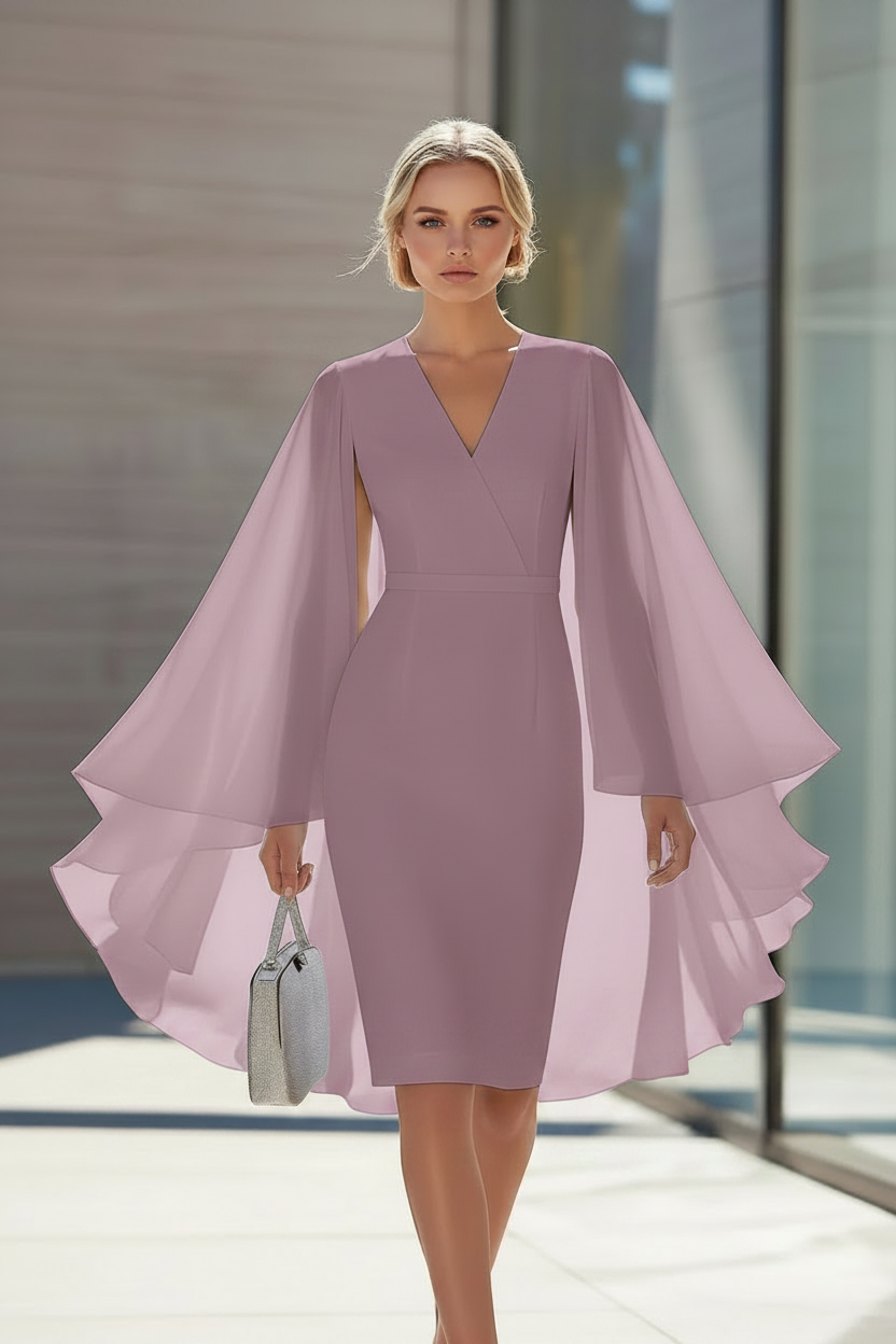Sheath/Column V-Neck Chiffon Mother of the Bride Dresses Knee-Length Cape Sleeves Cocktail Dress
