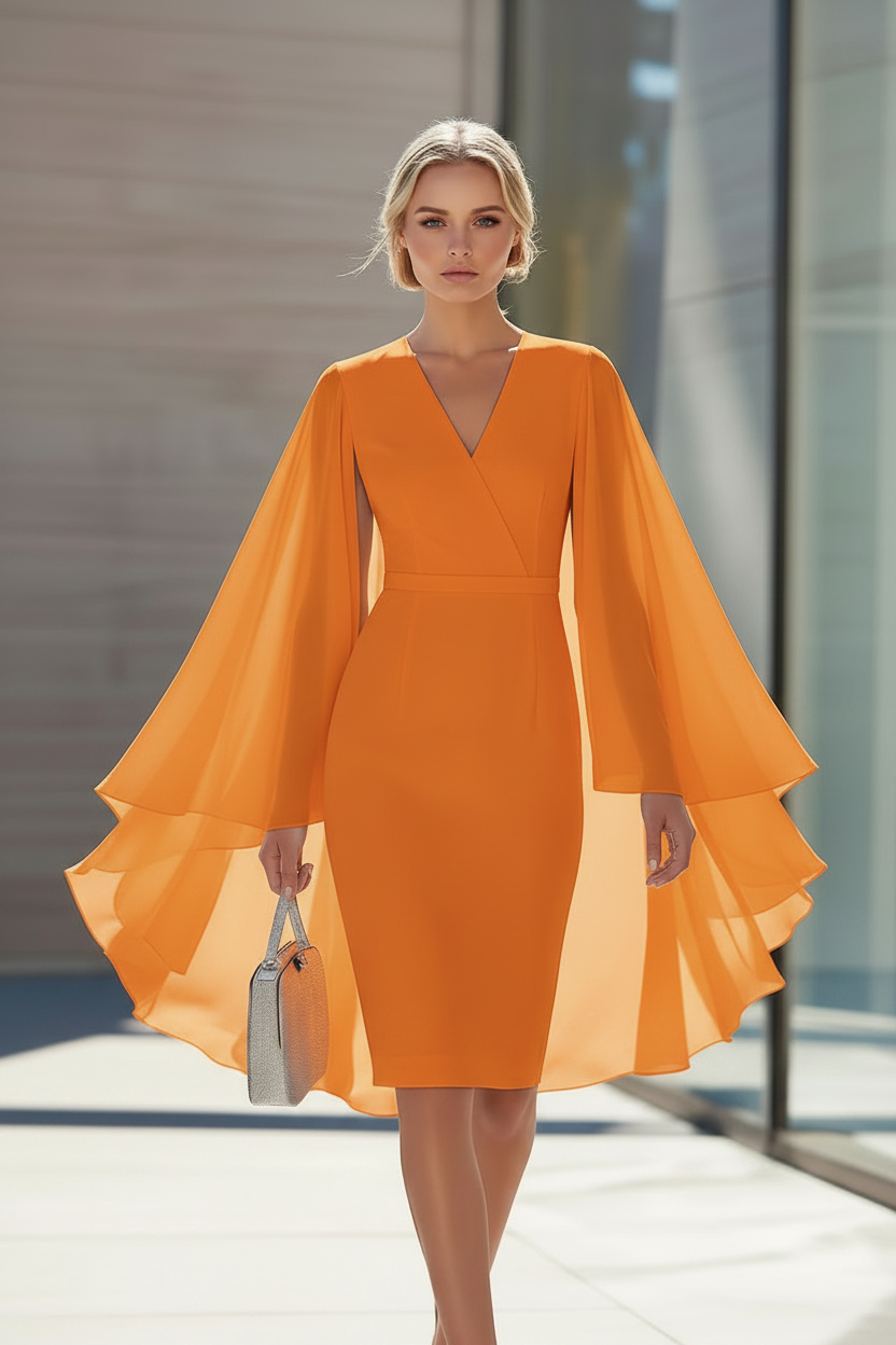 Sheath/Column V-Neck Chiffon Mother of the Bride Dresses Knee-Length Cape Sleeves Cocktail Dress