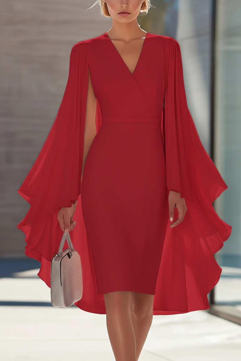Sheath/Column V-Neck Chiffon Mother of the Bride Dresses Knee-Length Cape Sleeves Cocktail Dress