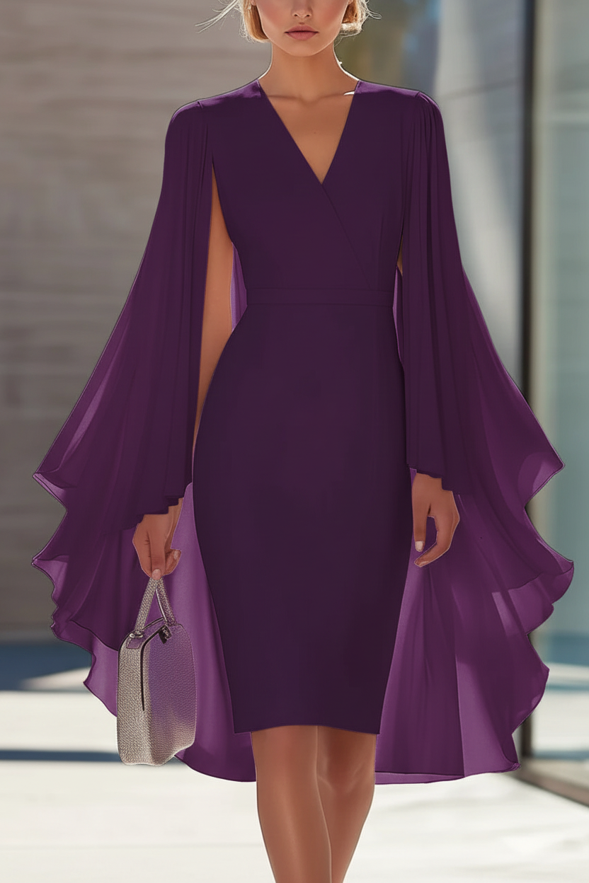 Sheath/Column V-Neck Chiffon Mother of the Bride Dresses Knee-Length Cape Sleeves Cocktail Dress