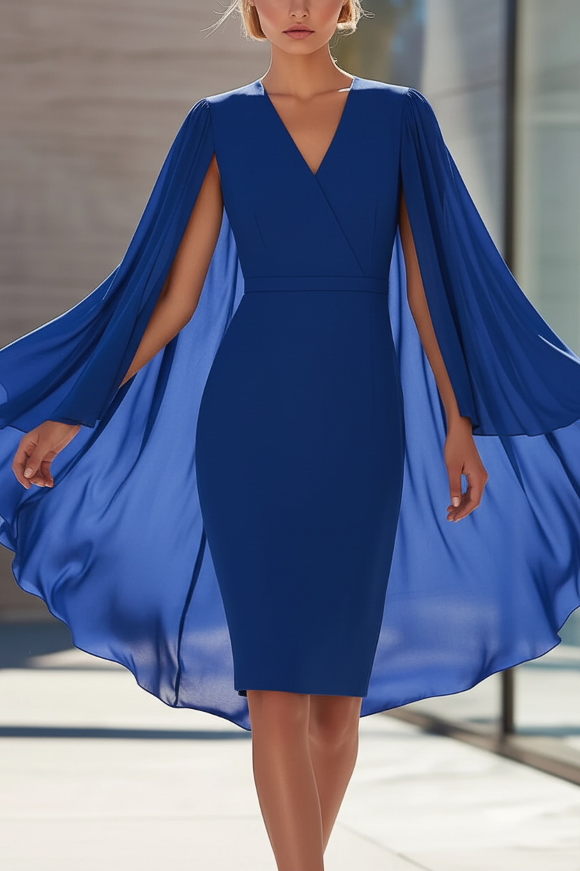 Sheath/Column V-Neck Chiffon Mother of the Bride Dresses Knee-Length Cape Sleeves Cocktail Dress