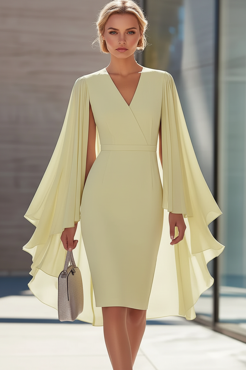 Sheath/Column V-Neck Chiffon Mother of the Bride Dresses Knee-Length Cape Sleeves Cocktail Dress