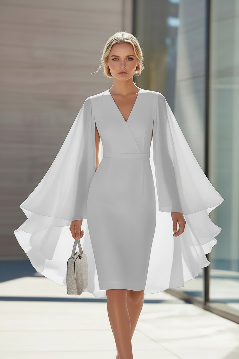 Sheath/Column V-Neck Chiffon Mother of the Bride Dresses Knee-Length Cape Sleeves Cocktail Dress