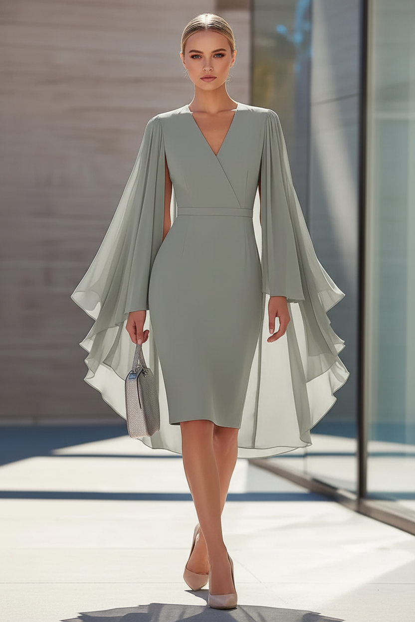 Sheath/Column V-Neck Chiffon Mother of the Bride Dresses Knee-Length Cape Sleeves Cocktail Dress