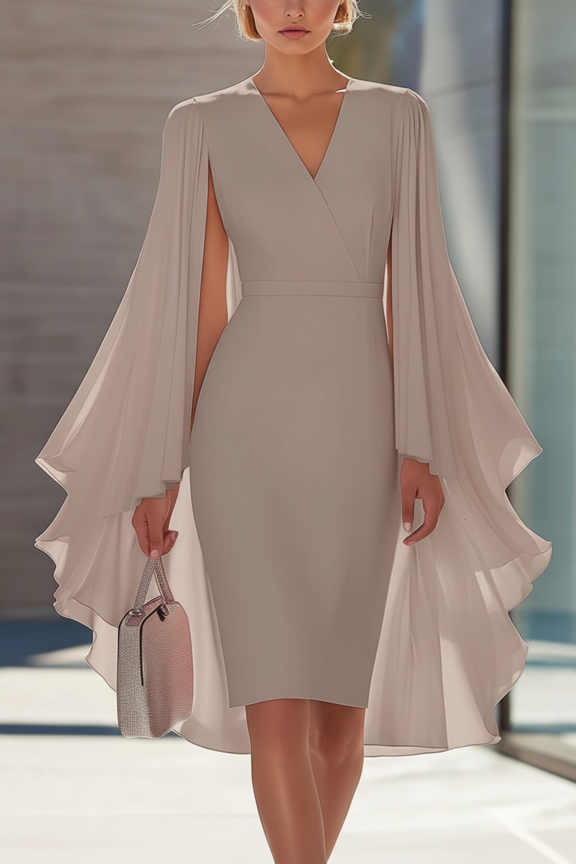 Sheath/Column V-Neck Chiffon Mother of the Bride Dresses Knee-Length Cape Sleeves Cocktail Dress