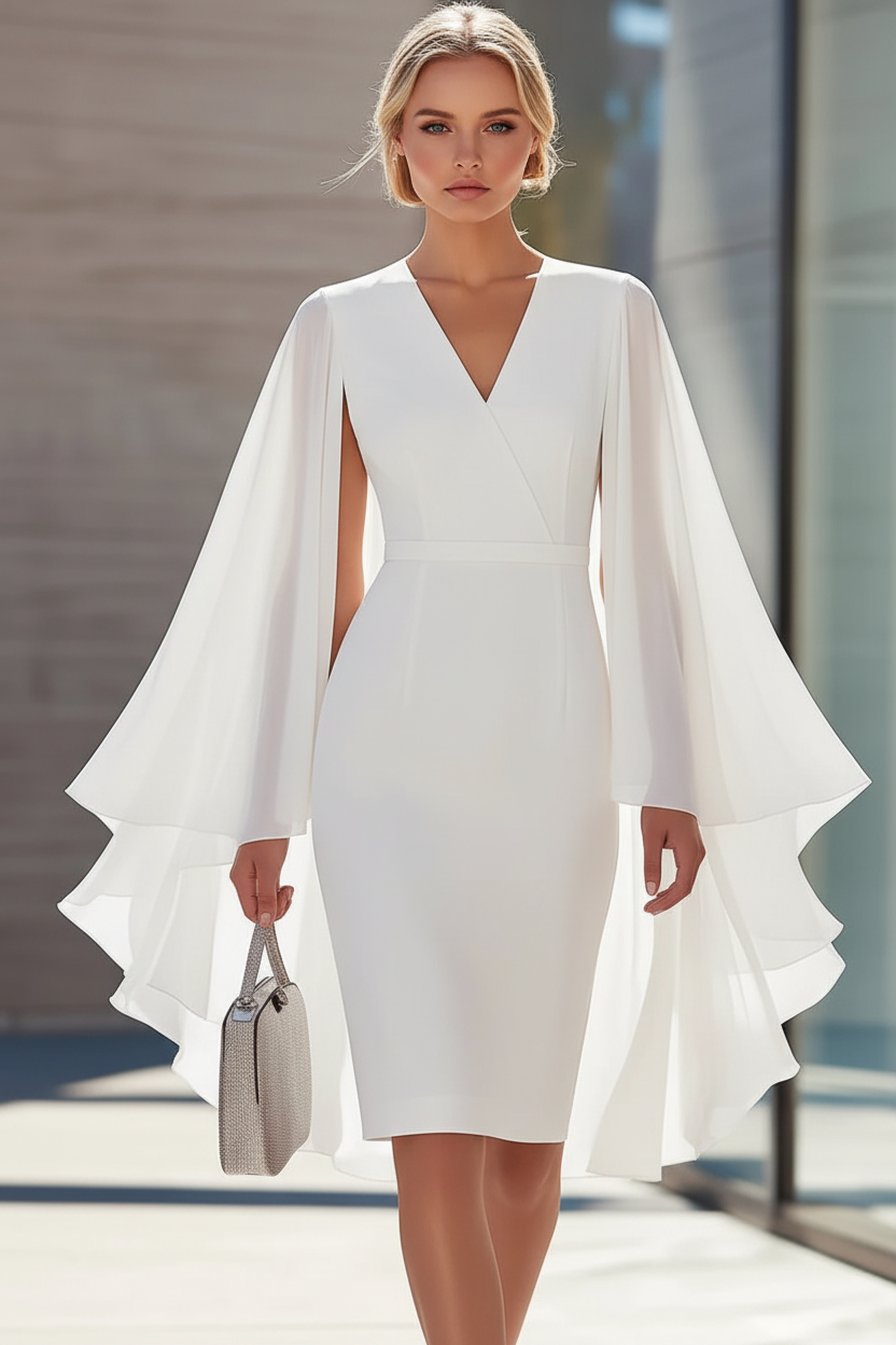 Sheath/Column V-Neck Chiffon Mother of the Bride Dresses Knee-Length Cape Sleeves Cocktail Dress