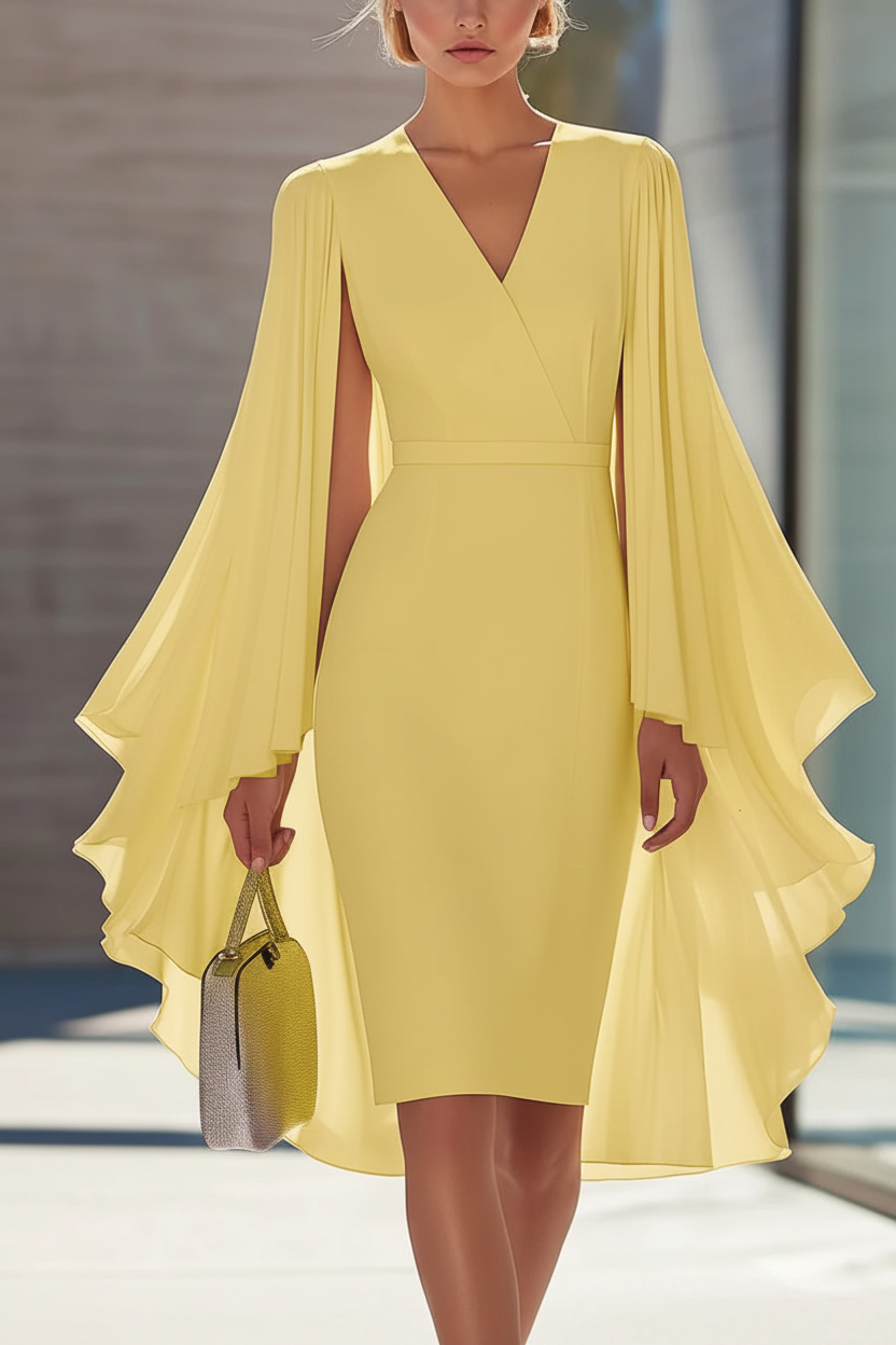 Sheath/Column V-Neck Chiffon Mother of the Bride Dresses Knee-Length Cape Sleeves Cocktail Dress