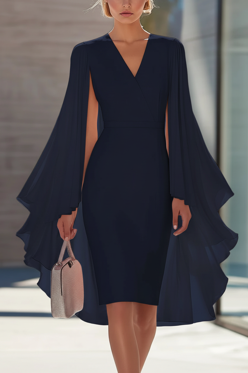 Sheath/Column V-Neck Chiffon Mother of the Bride Dresses Knee-Length Cape Sleeves Cocktail Dress