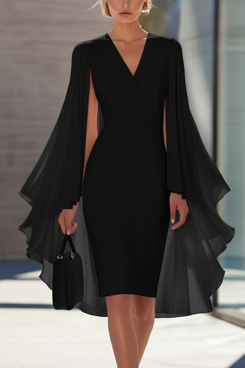 Sheath/Column V-Neck Chiffon Mother of the Bride Dresses Knee-Length Cape Sleeves Cocktail Dress