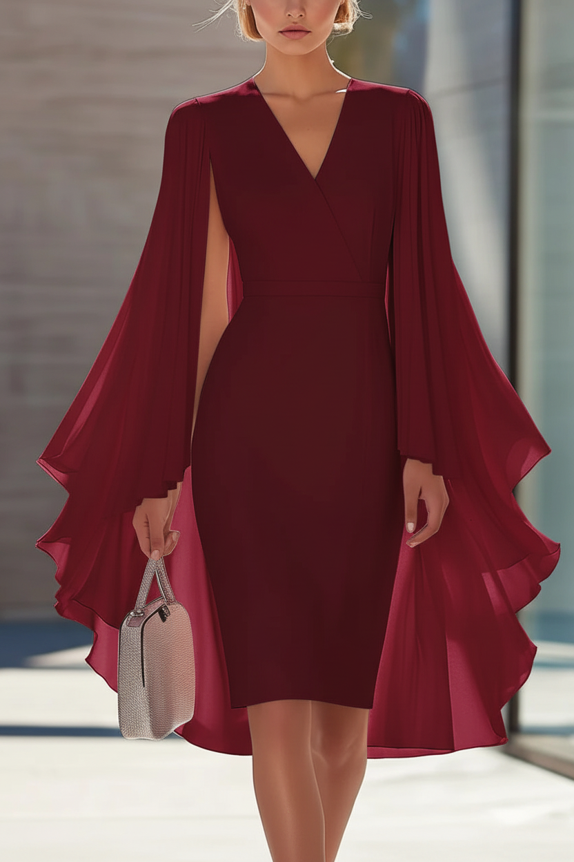 Sheath/Column V-Neck Chiffon Mother of the Bride Dresses Knee-Length Cape Sleeves Cocktail Dress