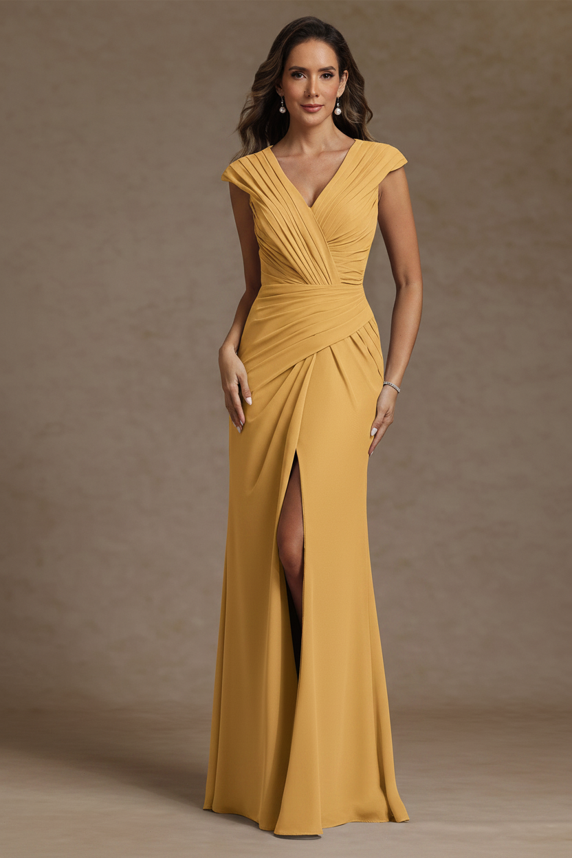 Sheath/Column V-Neck Chiffon Mother of the Bride Dresses with Spilt Side Floor-Length Ruched Sleeveless