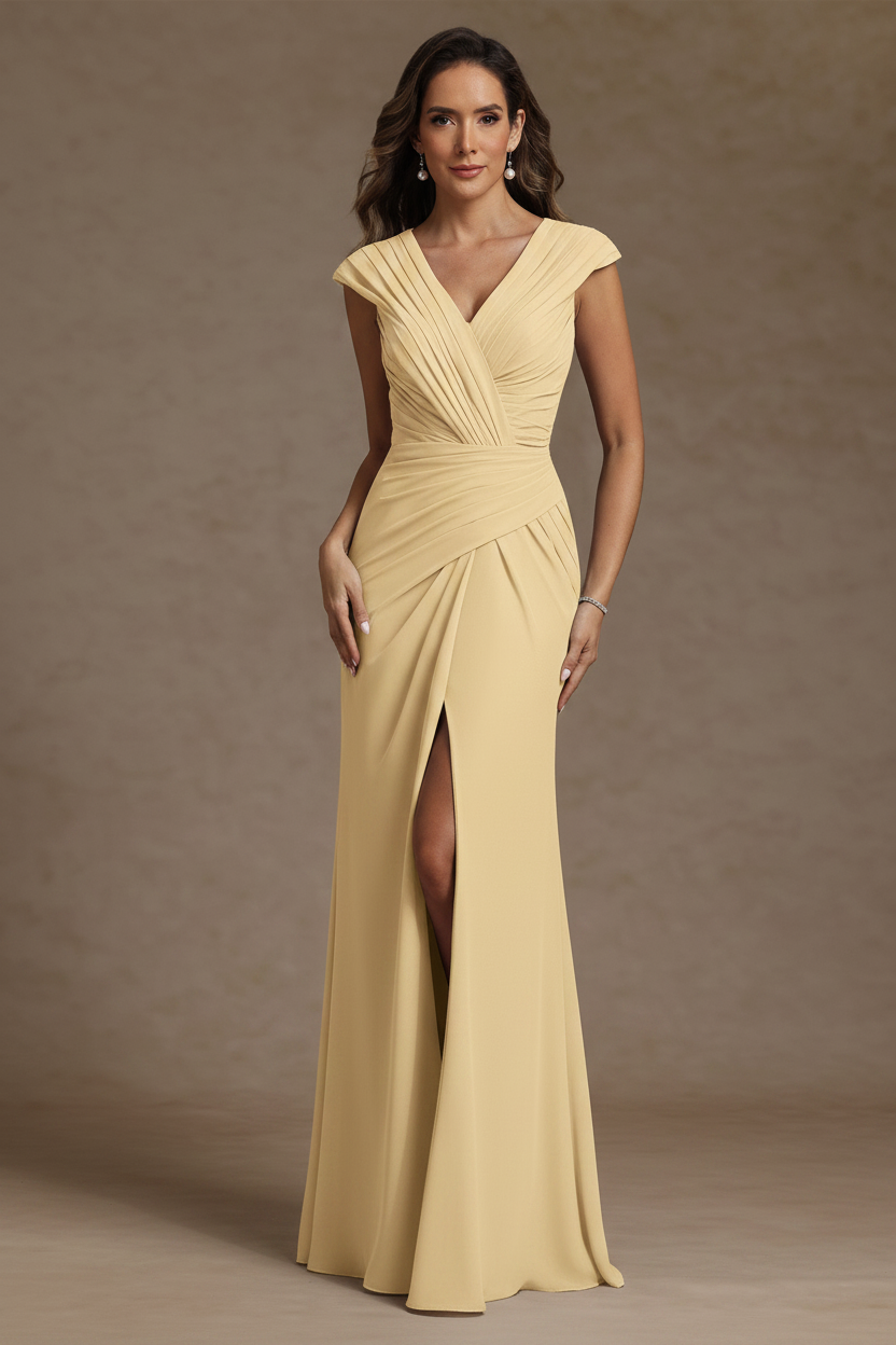 Sheath/Column V-Neck Chiffon Mother of the Bride Dresses with Spilt Side Floor-Length Ruched Sleeveless