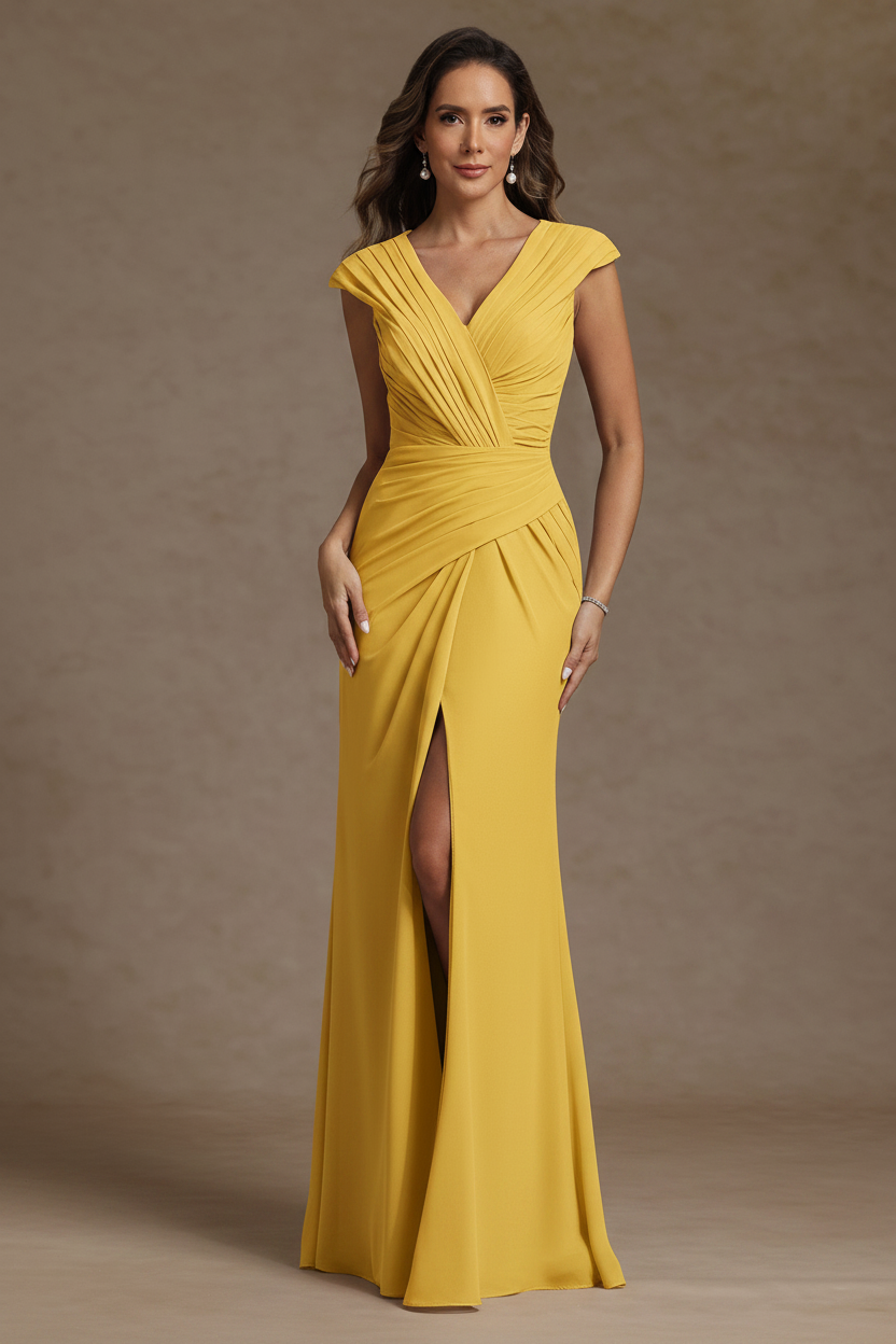 Sheath/Column V-Neck Chiffon Mother of the Bride Dresses with Spilt Side Floor-Length Ruched Sleeveless