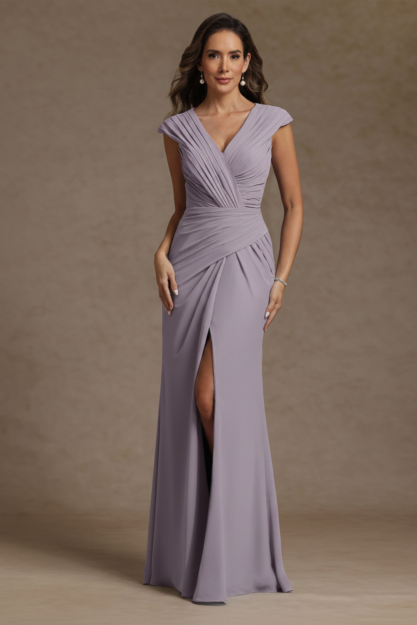 Sheath/Column V-Neck Chiffon Mother of the Bride Dresses with Spilt Side Floor-Length Ruched Sleeveless