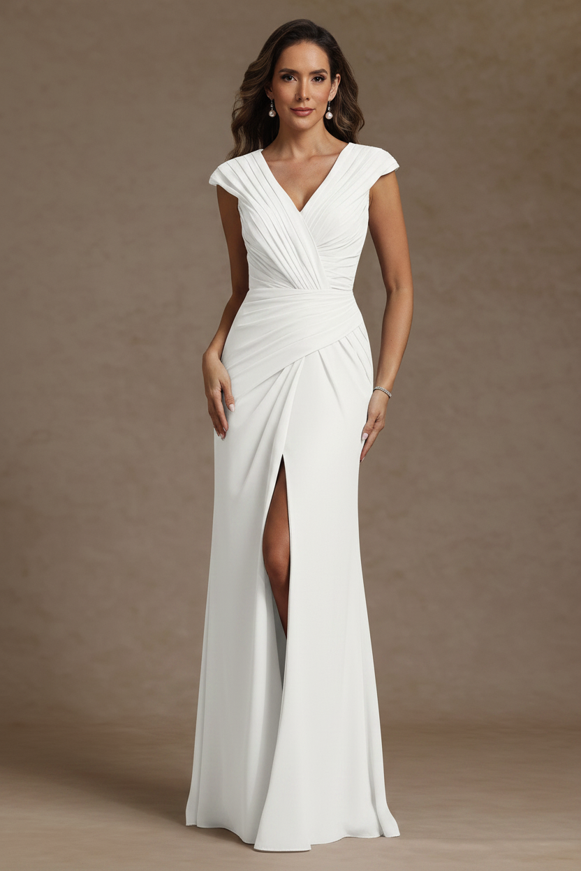 Sheath/Column V-Neck Chiffon Mother of the Bride Dresses with Spilt Side Floor-Length Ruched Sleeveless