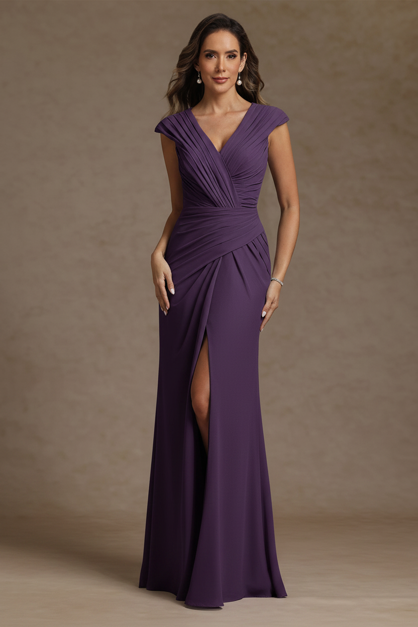 Sheath/Column V-Neck Chiffon Mother of the Bride Dresses with Spilt Side Floor-Length Ruched Sleeveless