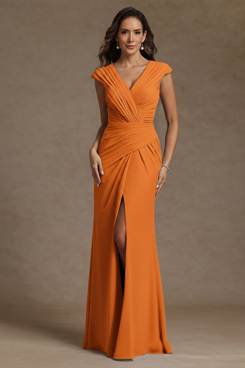 Sheath/Column V-Neck Chiffon Mother of the Bride Dresses with Spilt Side Floor-Length Ruched Sleeveless