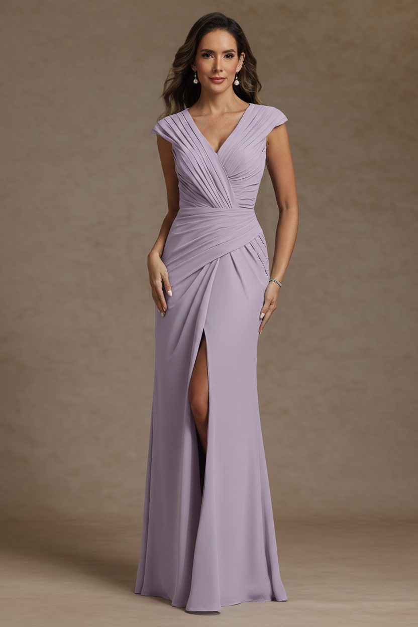 Sheath/Column V-Neck Chiffon Mother of the Bride Dresses with Spilt Side Floor-Length Ruched Sleeveless