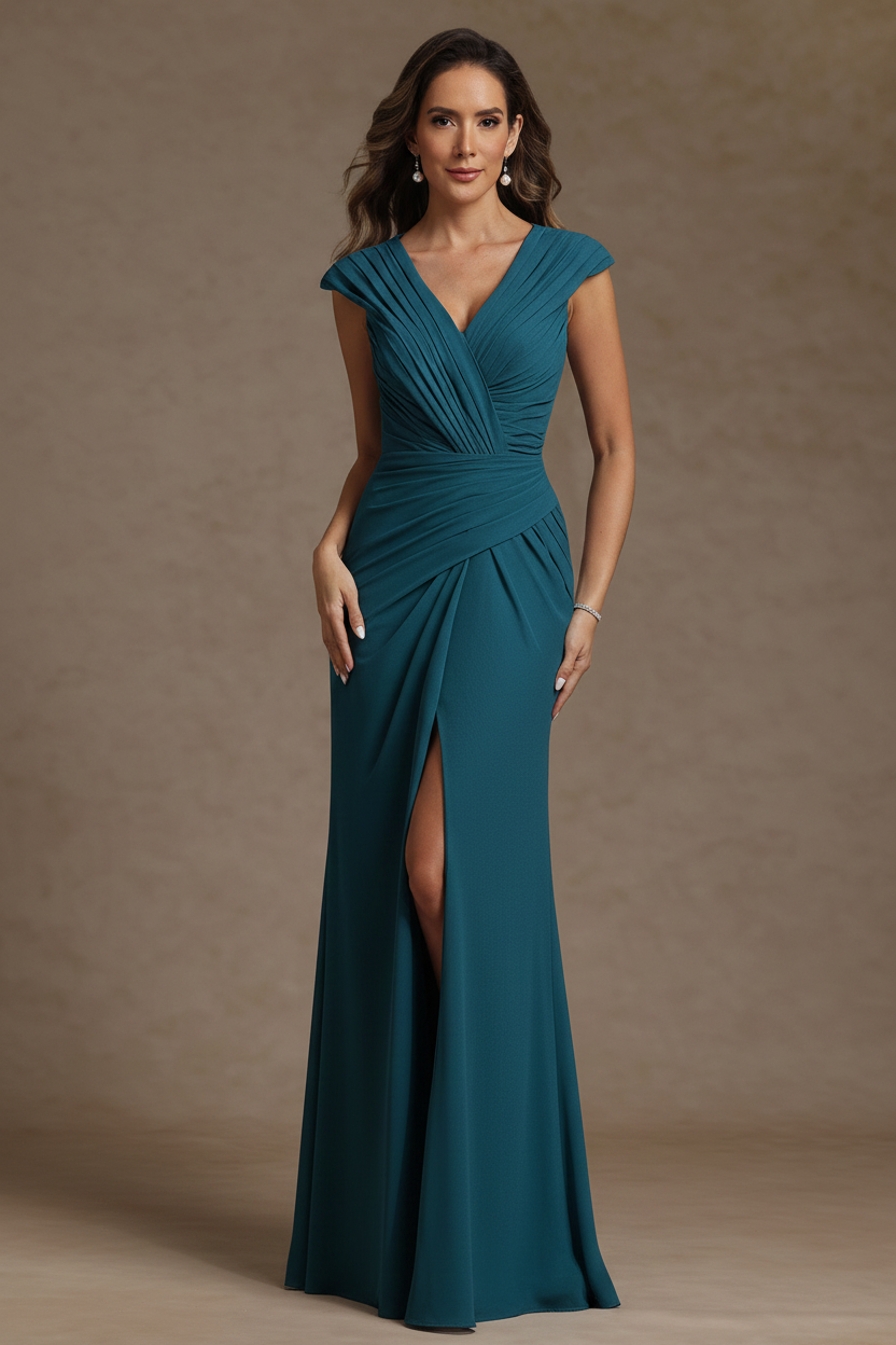 Sheath/Column V-Neck Chiffon Mother of the Bride Dresses with Spilt Side Floor-Length Ruched Sleeveless