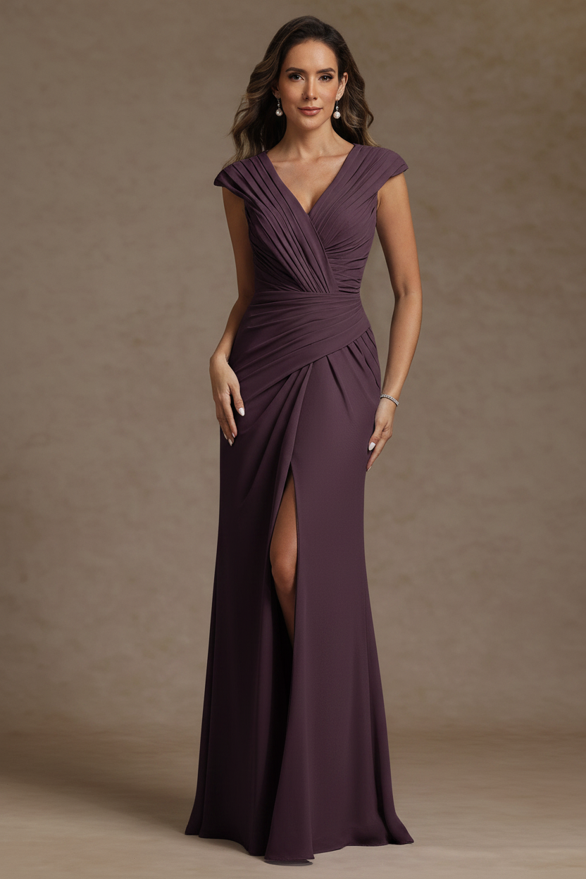 Sheath/Column V-Neck Chiffon Mother of the Bride Dresses with Spilt Side Floor-Length Ruched Sleeveless