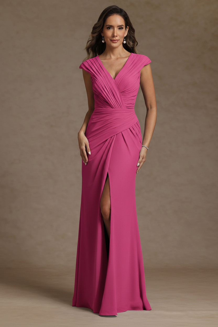 Sheath/Column V-Neck Chiffon Mother of the Bride Dresses with Spilt Side Floor-Length Ruched Sleeveless
