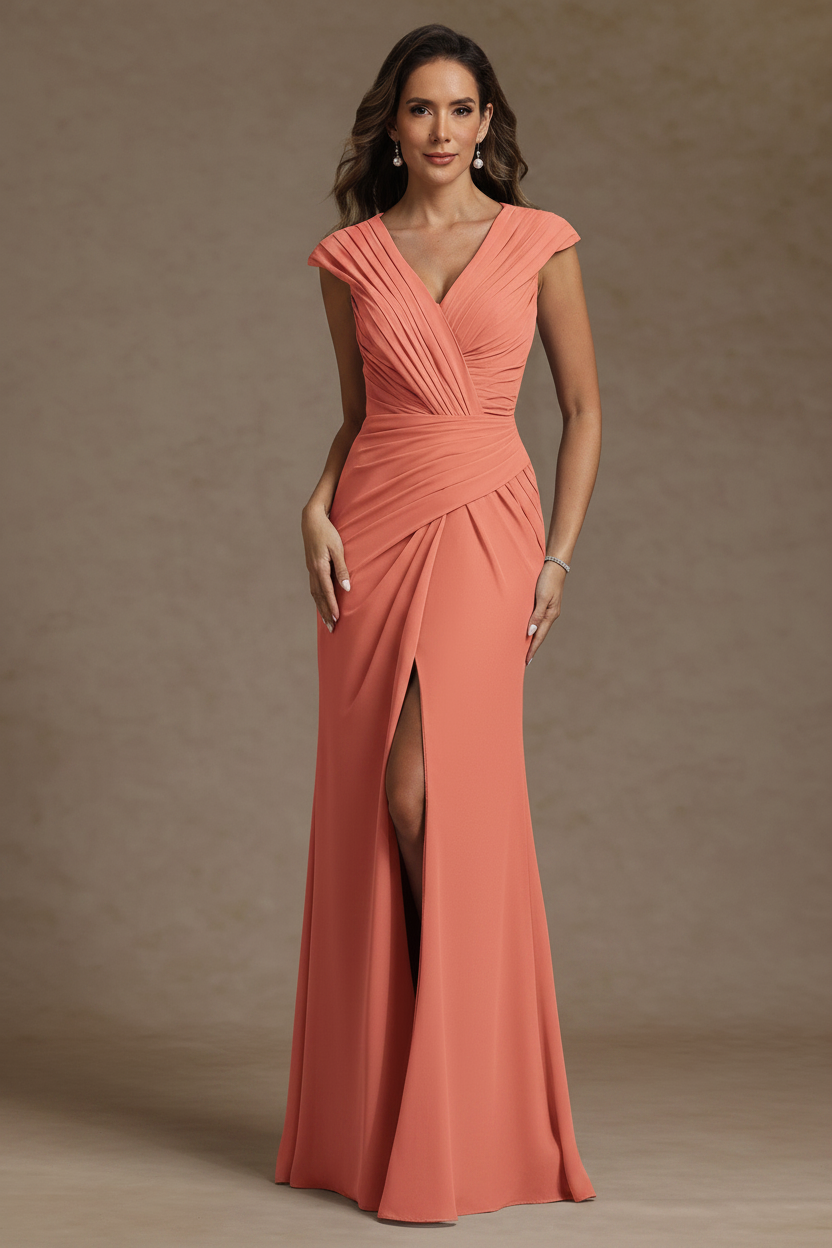 Sheath/Column V-Neck Chiffon Mother of the Bride Dresses with Spilt Side Floor-Length Ruched Sleeveless