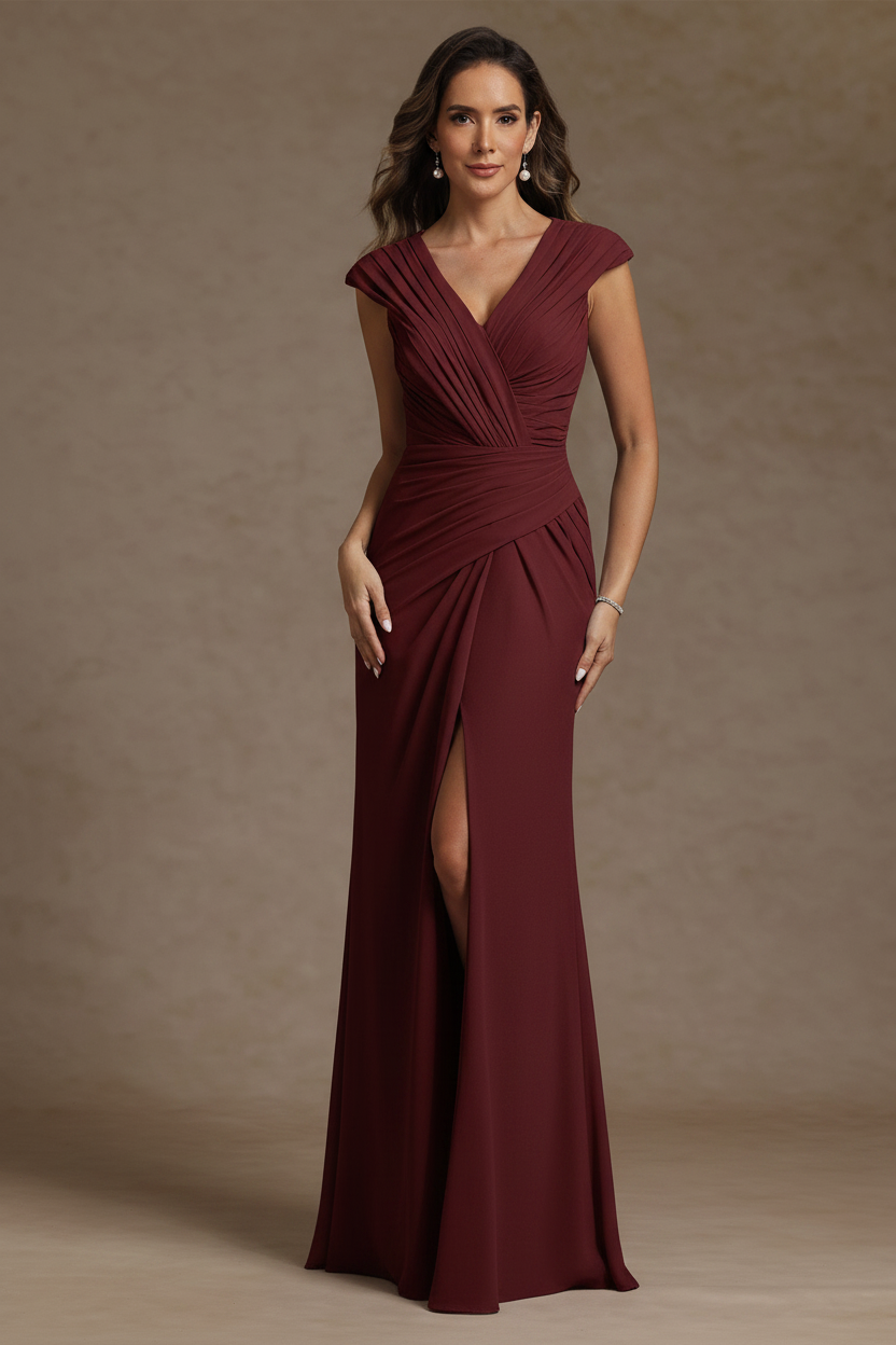 Sheath/Column V-Neck Chiffon Mother of the Bride Dresses with Spilt Side Floor-Length Ruched Sleeveless