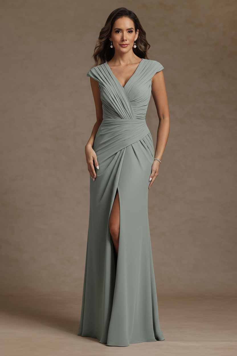 Sheath/Column V-Neck Chiffon Mother of the Bride Dresses with Spilt Side Floor-Length Ruched Sleeveless