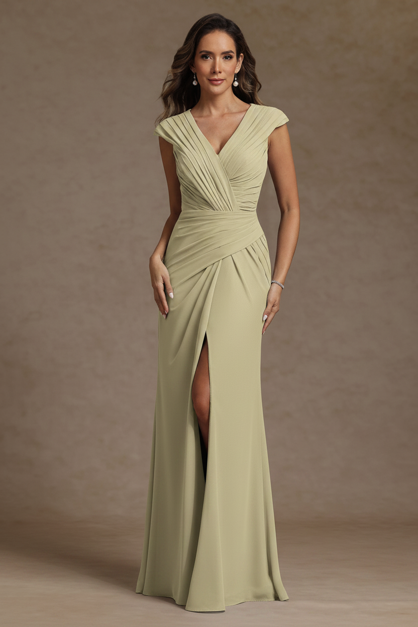 Sheath/Column V-Neck Chiffon Mother of the Bride Dresses with Spilt Side Floor-Length Ruched Sleeveless