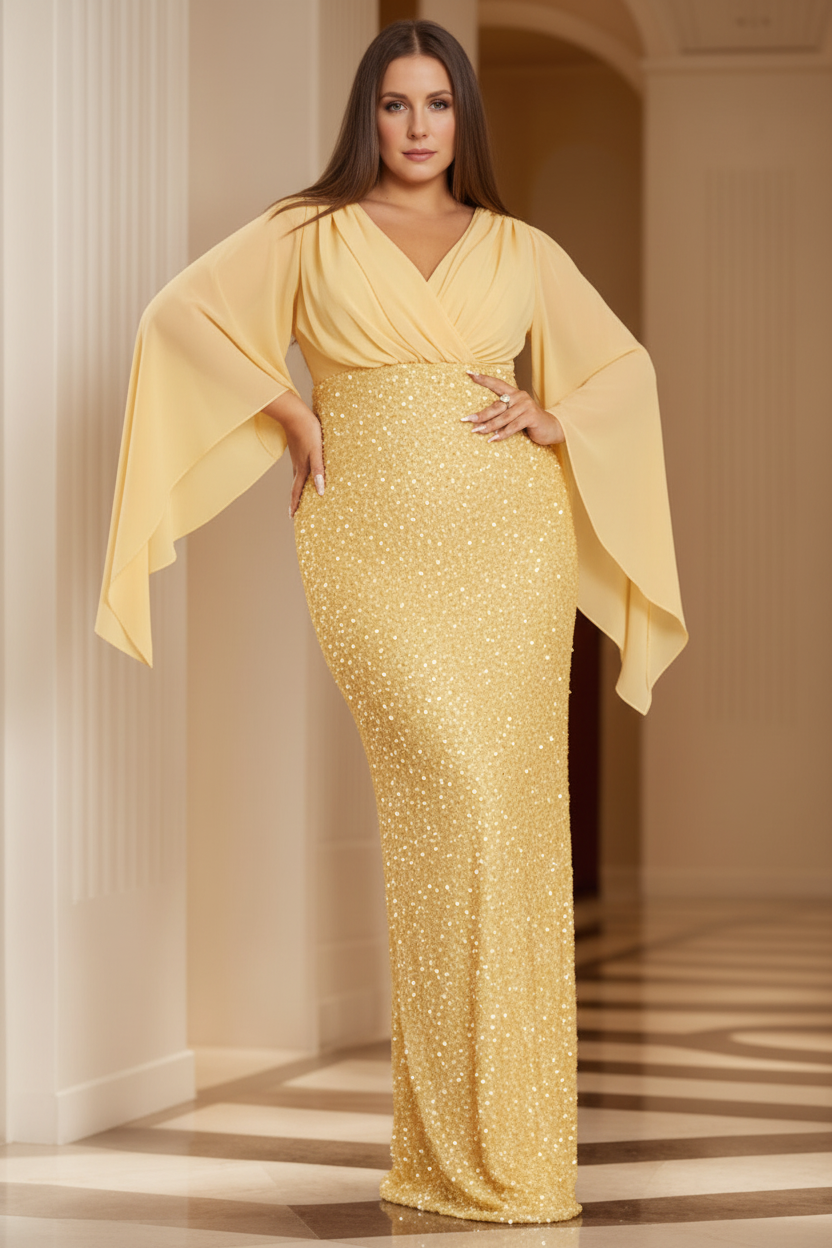 Sheath/Column V-Neck Flare Sleeves Floor-Length Unique Plus Size Mother of the Bride Dresses with Sequined