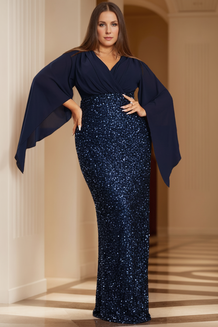 Sheath/Column V-Neck Flare Sleeves Floor-Length Unique Plus Size Mother of the Bride Dresses with Sequined