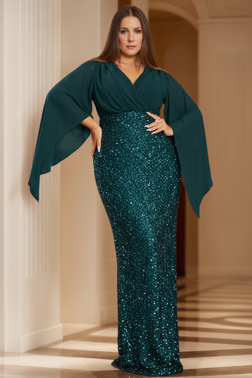 Sheath/Column V-Neck Flare Sleeves Floor-Length Unique Plus Size Mother of the Bride Dresses with Sequined
