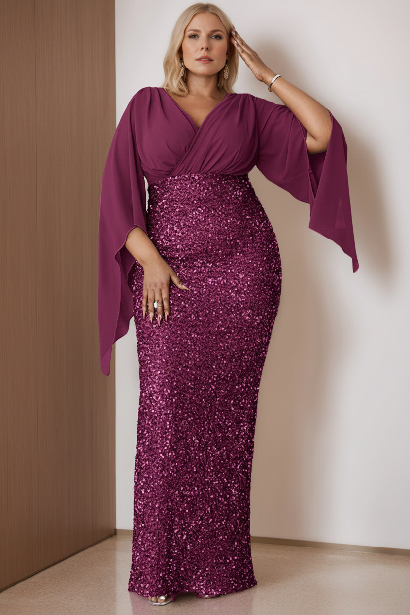 Sheath/Column V-Neck Flare Sleeves Floor-Length Unique Plus Size Mother of the Bride Dresses with Sequined