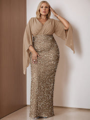 Sheath/Column V-Neck Flare Sleeves Floor-Length Unique Plus Size Mother of the Bride Dresses with Sequined