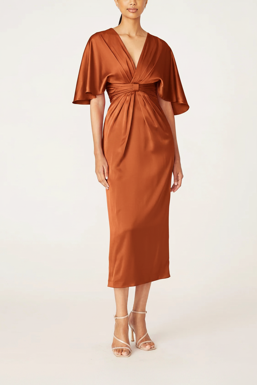Sheath/Column V-Neck Half Sleeves Tea-Length Mother Of The Bride Dress with Ruffles