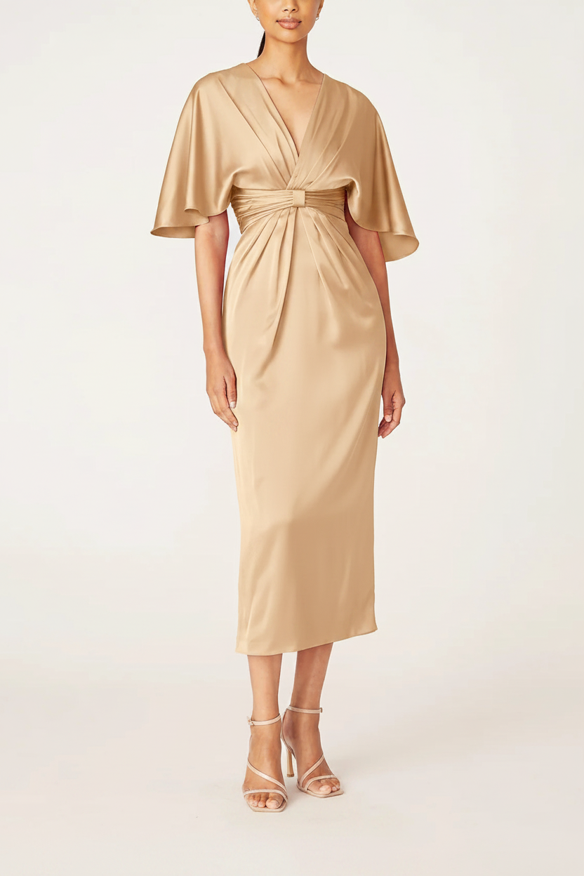 Sheath/Column V-Neck Half Sleeves Tea-Length Mother Of The Bride Dress with Ruffles