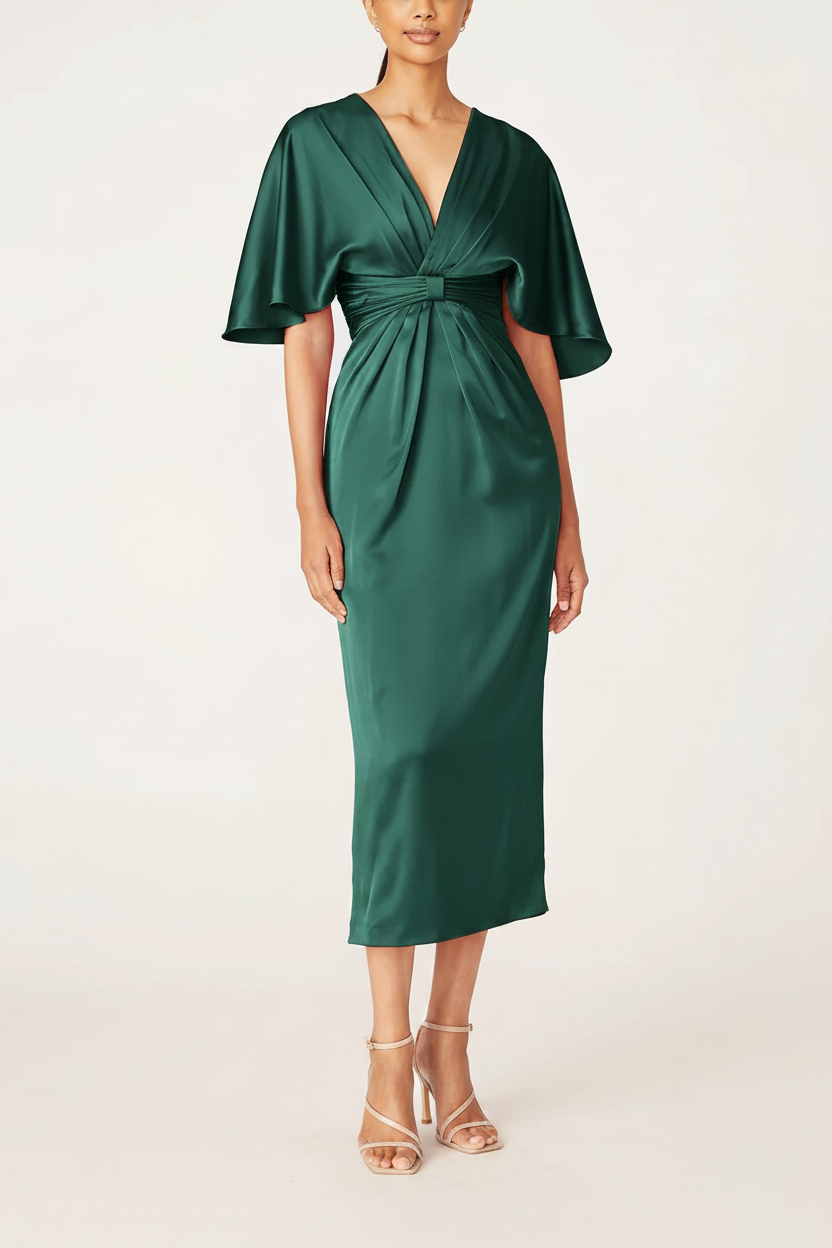 Sheath/Column V-Neck Half Sleeves Tea-Length Mother Of The Bride Dress with Ruffles