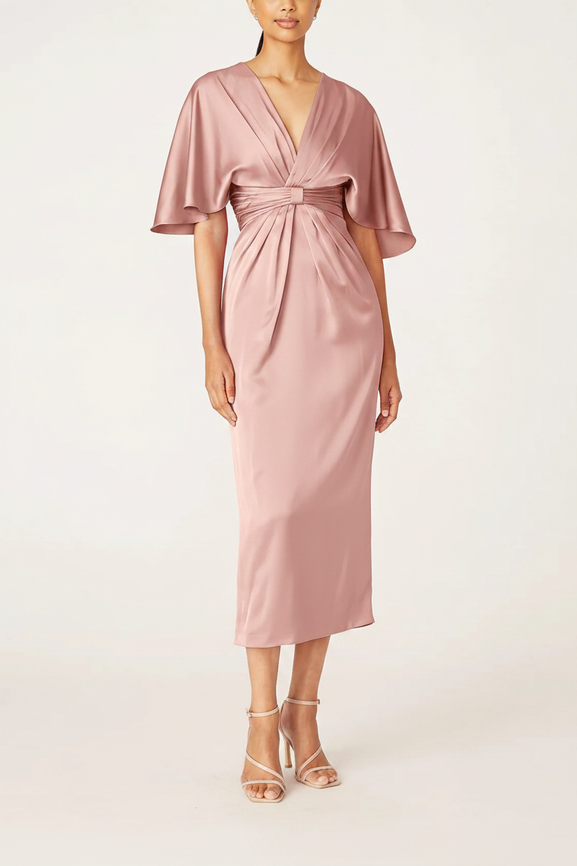 Sheath/Column V-Neck Half Sleeves Tea-Length Mother Of The Bride Dress with Ruffles