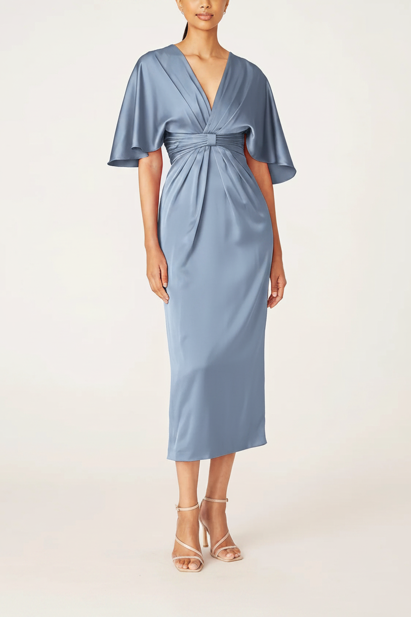Sheath/Column V-Neck Half Sleeves Tea-Length Mother Of The Bride Dress with Ruffles
