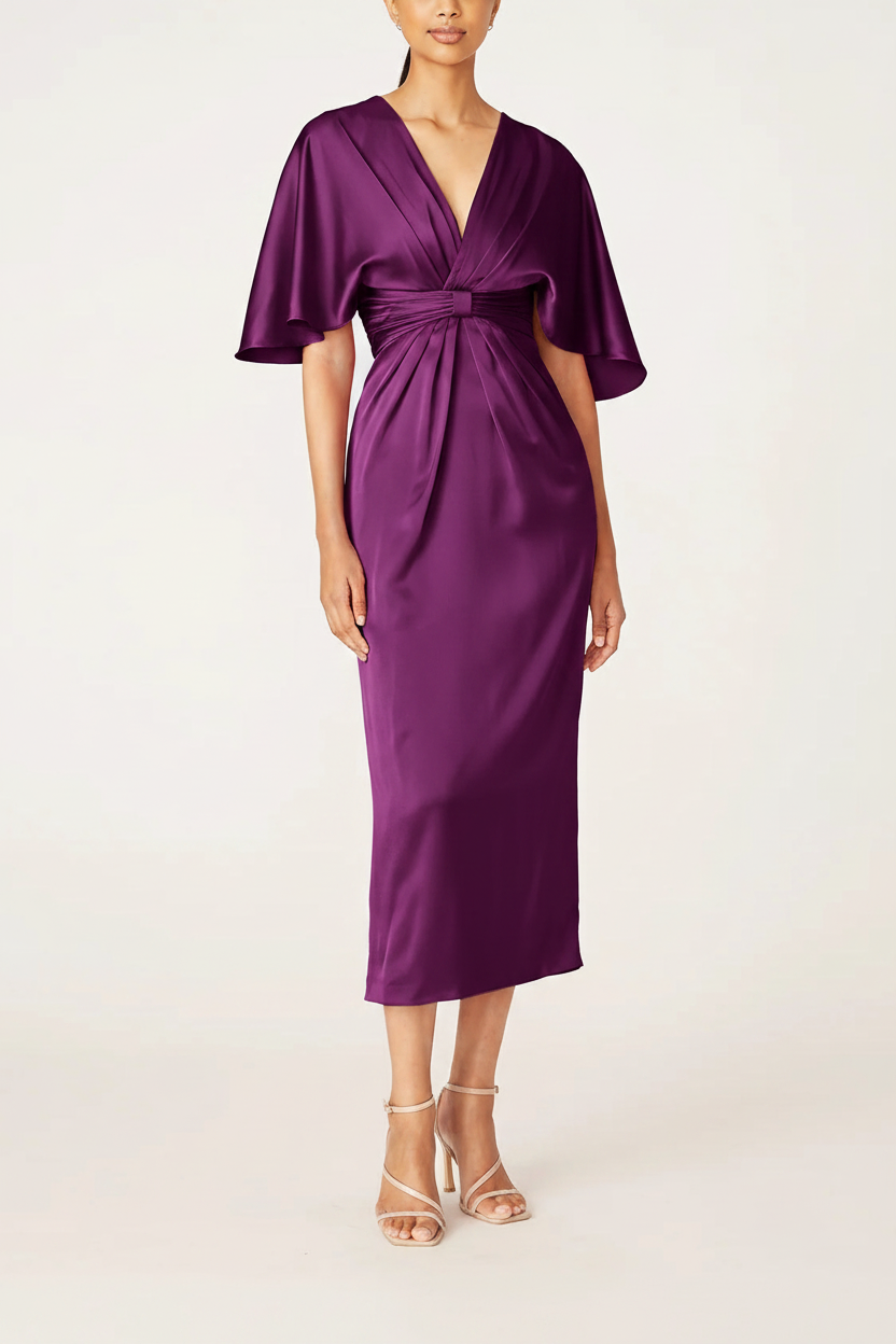Sheath/Column V-Neck Half Sleeves Tea-Length Mother Of The Bride Dress with Ruffles