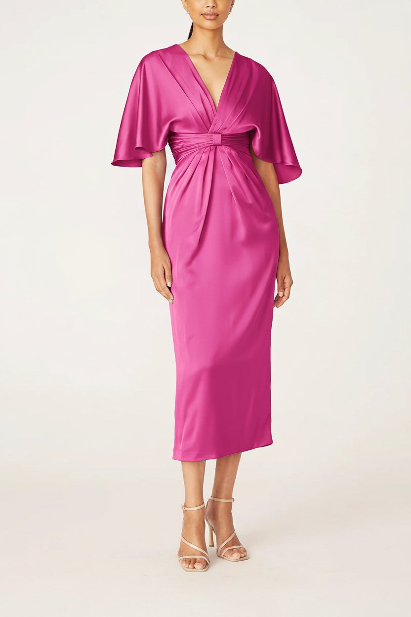 Sheath/Column V-Neck Half Sleeves Tea-Length Mother Of The Bride Dress with Ruffles
