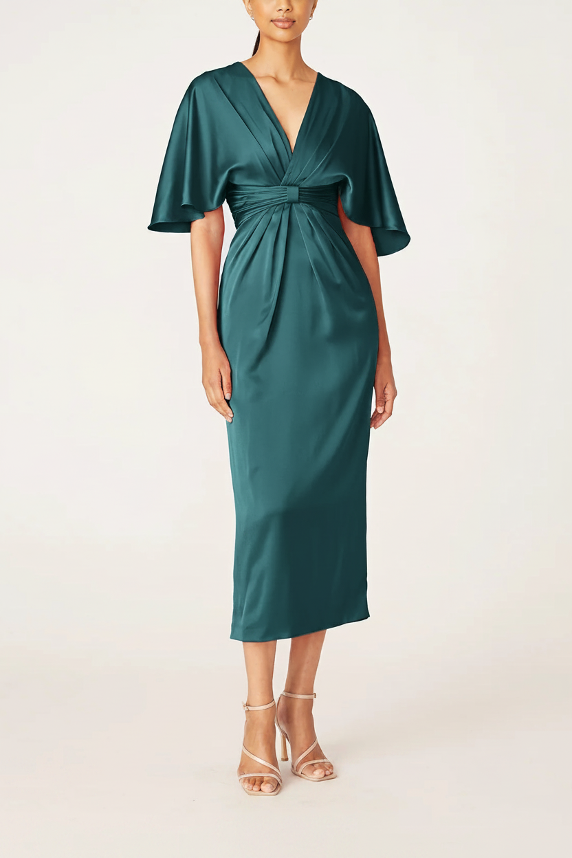 Sheath/Column V-Neck Half Sleeves Tea-Length Mother Of The Bride Dress with Ruffles