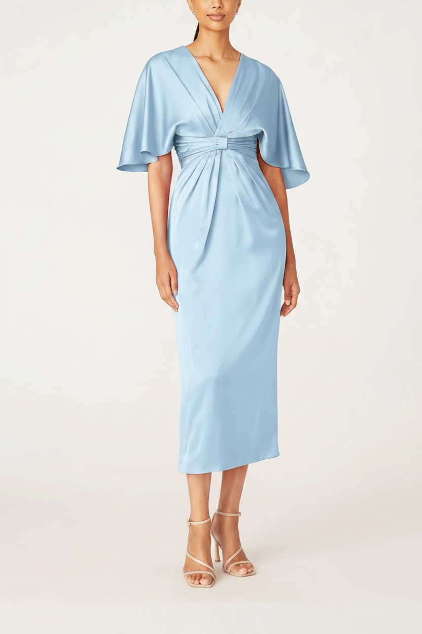 Sheath/Column V-Neck Half Sleeves Tea-Length Mother Of The Bride Dress with Ruffles