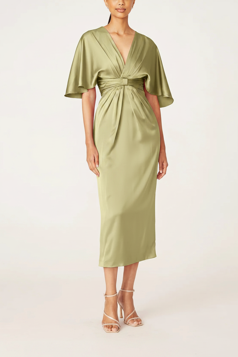 Sheath/Column V-Neck Half Sleeves Tea-Length Mother Of The Bride Dress with Ruffles